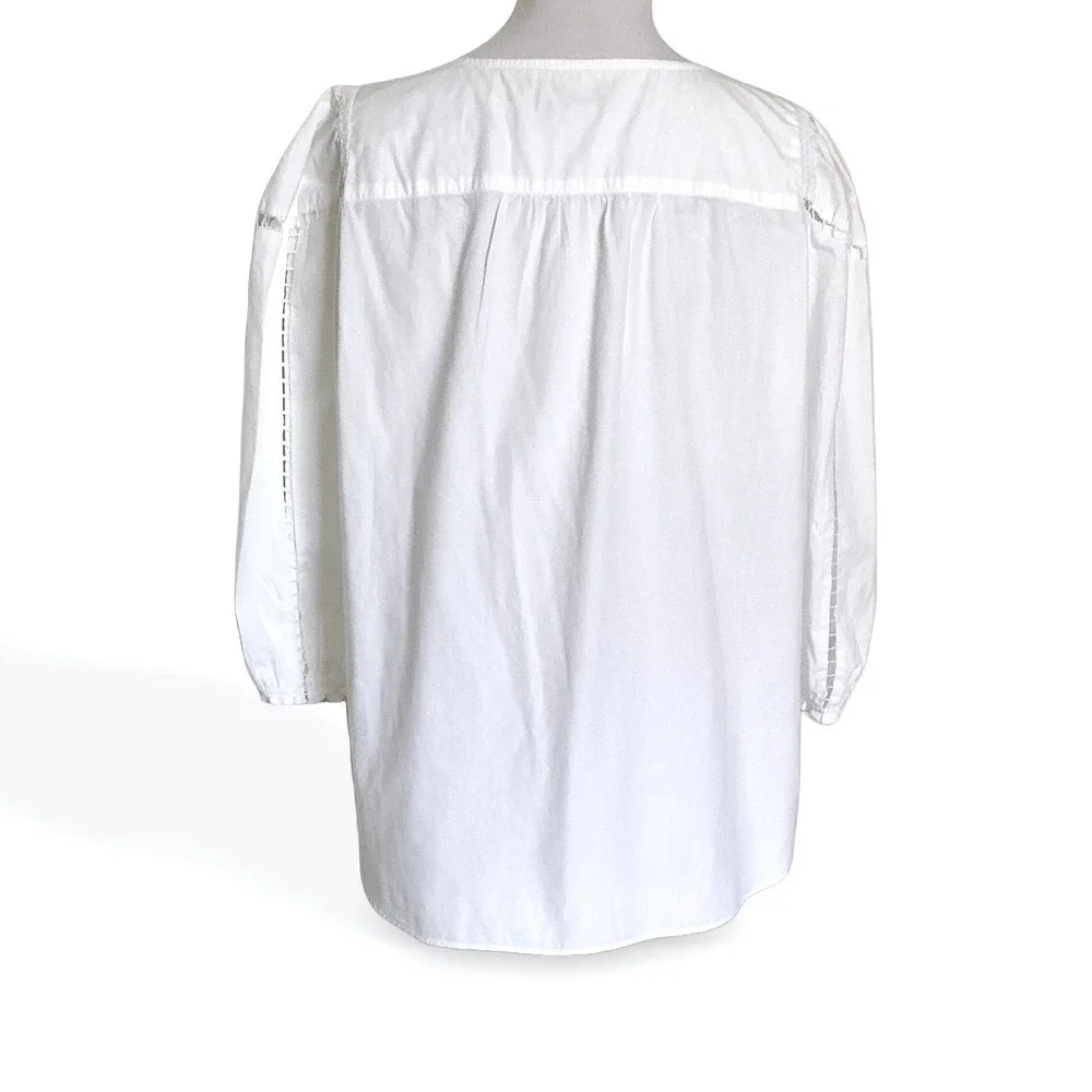 LOFT White Cotton Ladder Lace Balloon Sleeve Blouse Womens Medium Split Neck